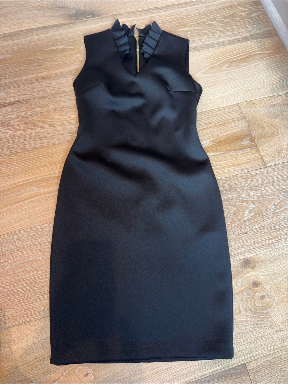 Calvin Klein Black Sleeveless Sheath Dress with Ruffle Neck